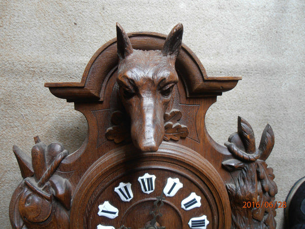 Antique Black forest wood carved hunting trophy clock fish rabbit dog 1900