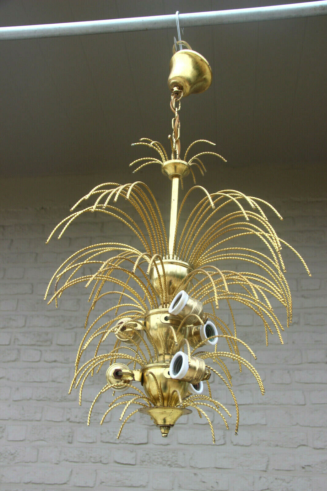 Mid century 1960 brass metal  maison jansen era palm tree chandelier pendant n2