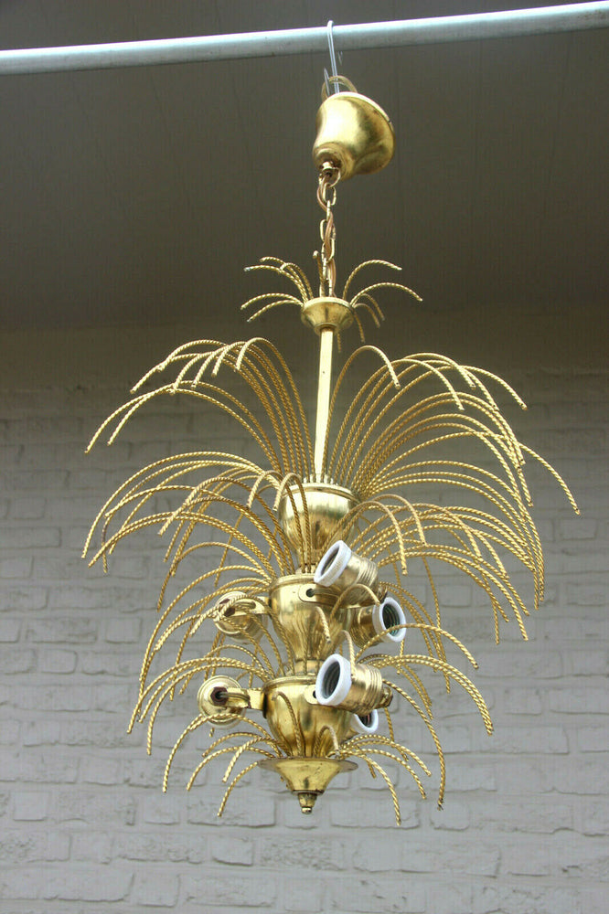 Mid century 1960 brass metal  maison jansen era palm tree chandelier pendant n2