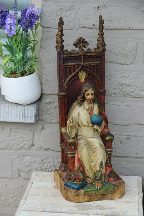 Antique Large Chalkware polychrome religious christ King throne Statue figurine
