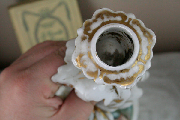 Antique Pair  French  porcelain hunt dog vases candle holder attr. jacob petit