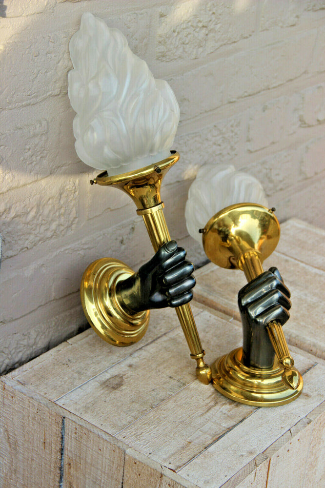 PAIR XL French brass Bronze 2 colour MAISON JANSEN hand wall lights sconces 1970