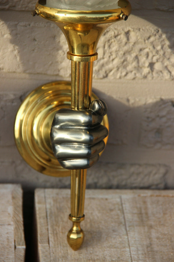 PAIR XL French brass Bronze 2 colour MAISON JANSEN hand wall lights sconces 1970