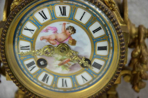 Antique 1860 SEVRES porcelain putti floral plaques clock set candlelabras