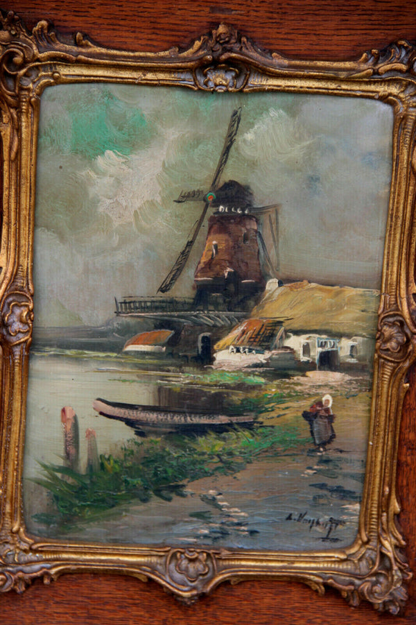 Gorgeous Antique Flemish oil panel painting Landscape mill waterfront signed
