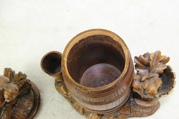 Antique 19thc Black forest wood carved tobacco smoking set chicken figurine