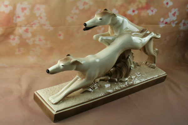LARGE French Art Deco ceramic two running greyhound Whippet Signed LEMANCEAU
