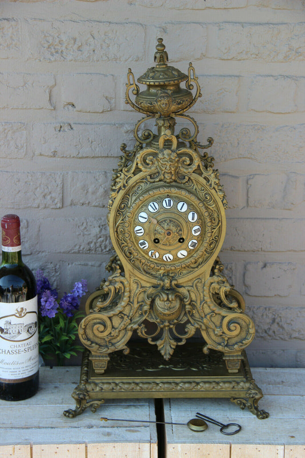 XL Antique French bronze gothic castle dragon devil lion paws putti head clock