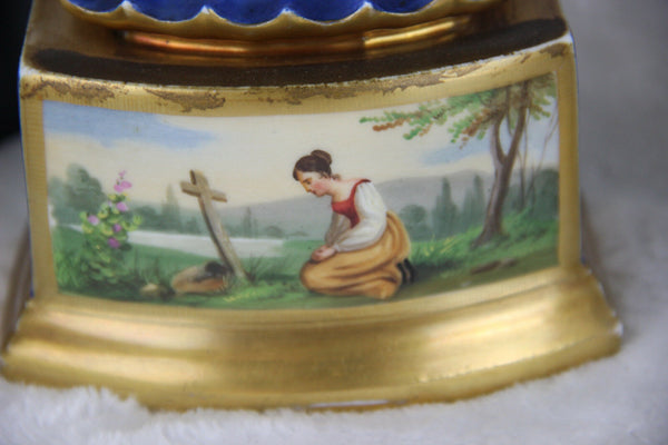 RARE PAIR antique 19thc Vieux paris porcelain scenes floral  Vases swan handles