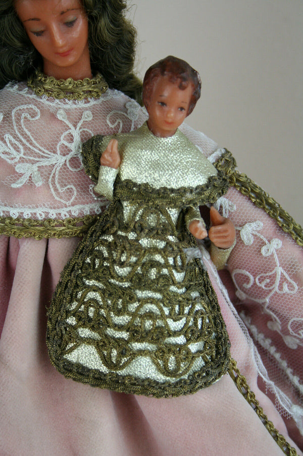 Antique French Wax Madonna statue child pink cape religious figurine 1930