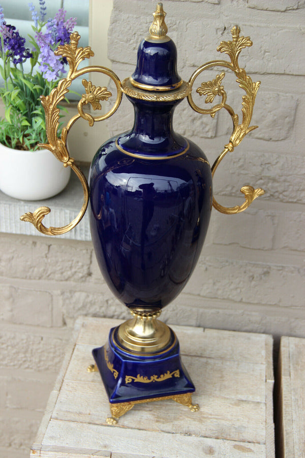 PAIR french vintage cobalt blue limoges porcelain victorian scene vases 1960