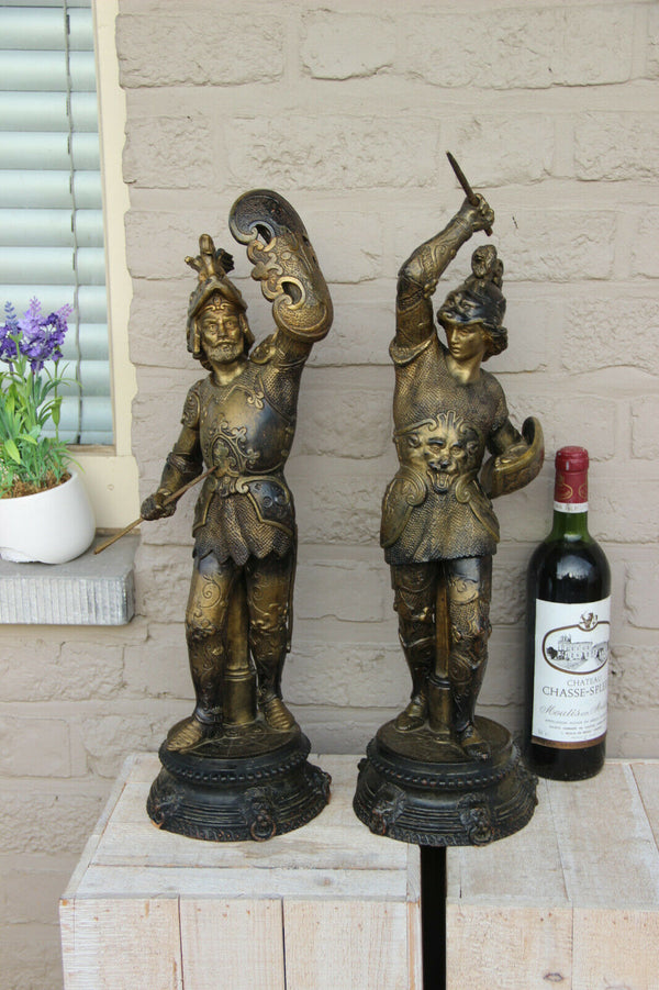 Antique PAIR French Terracotta Warrior knights lion heads statue figurines 1900