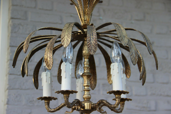 French Vintage 1970 Palm tree metal brass Chandelier 5 arms attr. maison jansen