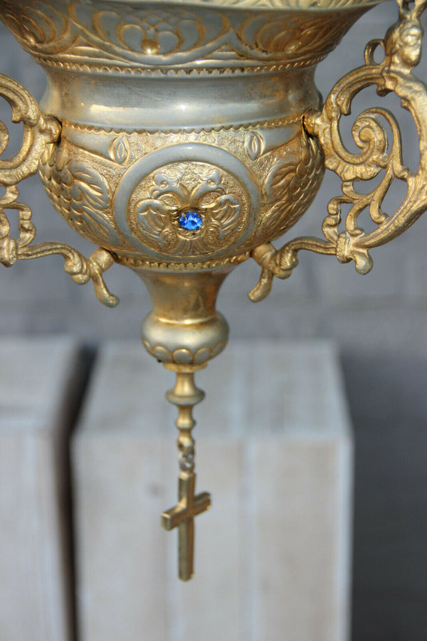 Gorgeous Religious church sanctuary altar lamp putti angels Blue stones rare