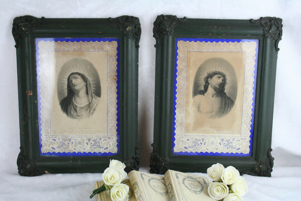 PAIRE FRENCH 19th c portraits Mary JEsus latin text in its original frame wood