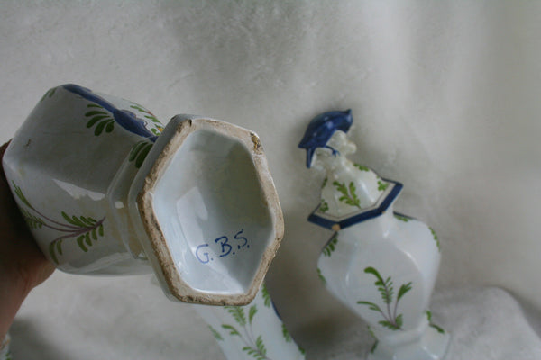 Antique 19thc  Set Delft pottery  Holland Polychrome Bird Vases set marked