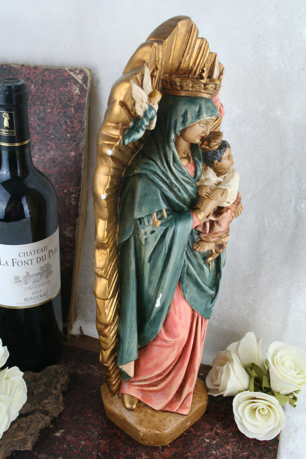 Antique French Plaster polychrome rare Madonna Mary putti angels statue figurine