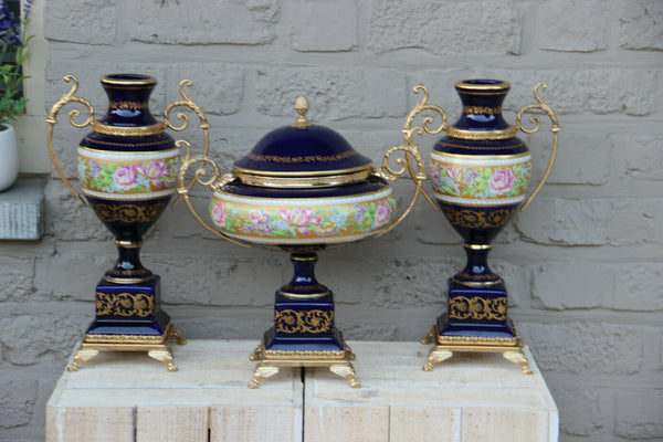 French set of 3 porcelain limoges centerpiece bowl with vases floral decor 1960
