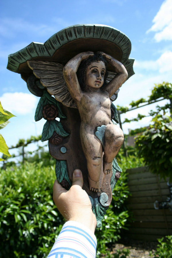 Pair Vintage Italian wood carved Cherubs Wall Console polychrome