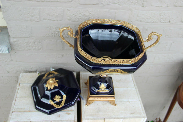 French Limoges cobalt porcelain centerpiece lidded bowl vase Victorian scene