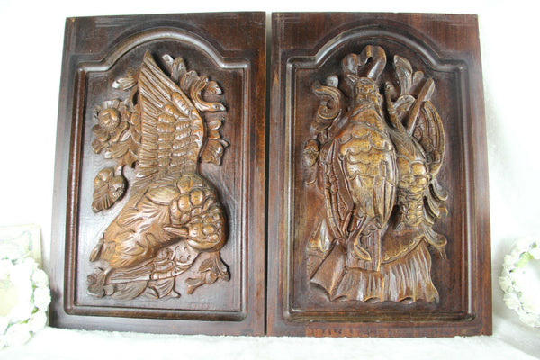 PAIR antique Black Forest wood carved hunting cabinet door panels bird no1