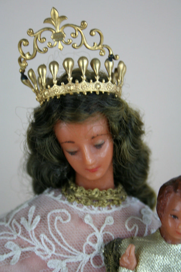 Antique French Wax Madonna statue child pink cape religious figurine 1930