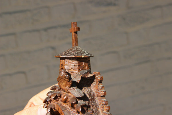 Rare BLACK FOREST wood carved Holy water font well Chapel porcelain plaque