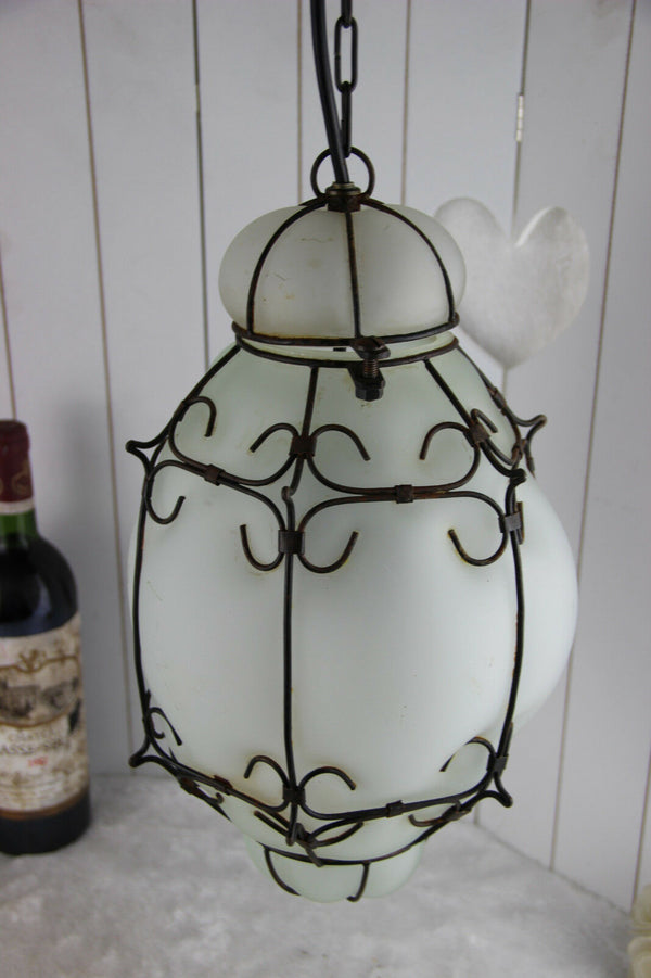 Gorgeous ITALIAN SEGUSO hand blown glass Caged Lantern lamp chandelier 70's