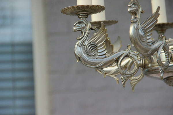 French brass silver patina gothic castle 8 arms dragon chandelier lamp