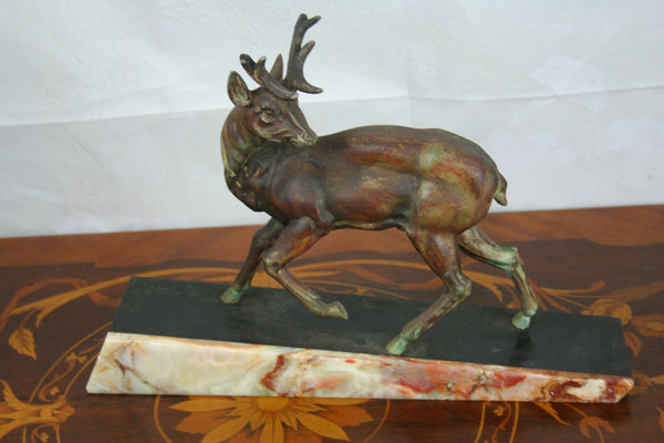 ART DECO French 1930 Deer hunt spelter bronze patina marble base