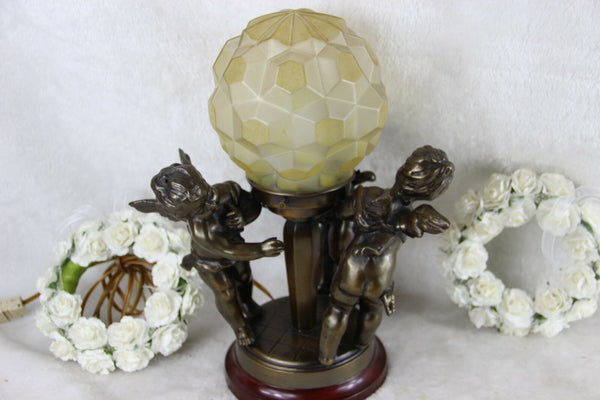 Belgian ART DECO 1930 bronze putti playing table lamp