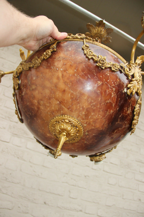 Top Antique French  Alabaster coupe bowl caryatid heads Chandelier amber