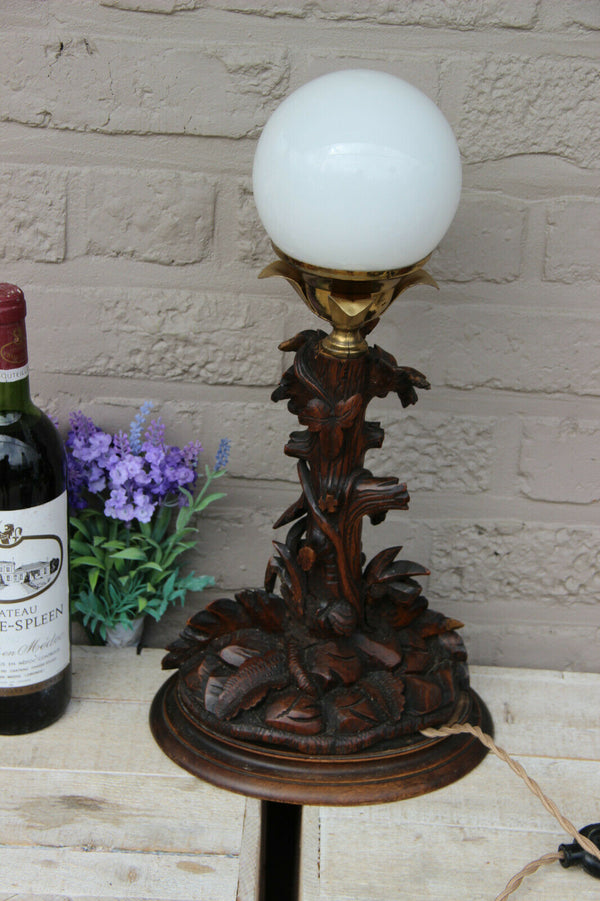 Rare Antique Swiss black forest wood carved table lamp Grape tree floral