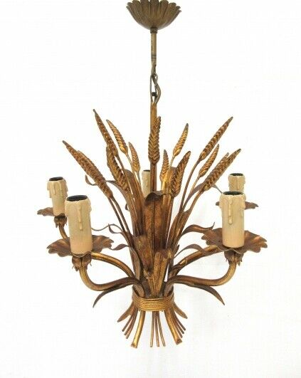 Hollywood regency MEtal gold gilt maison jansen wheat sheaf chandelier 1970