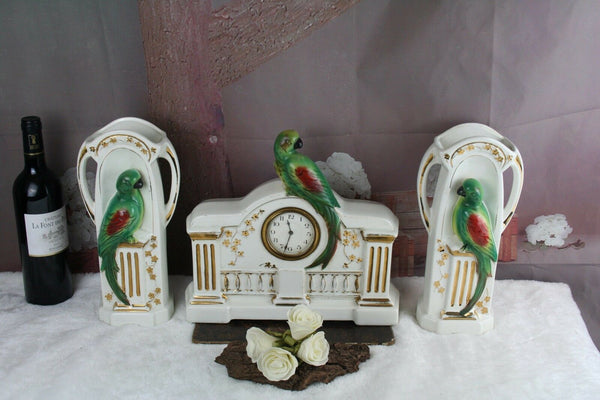 ART DECO 1930 Belgian Faience porcelain Parrot birds Vases clock set marked