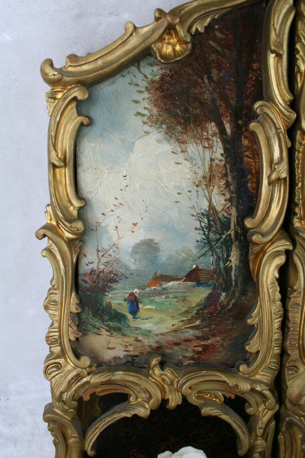 Unusual Tryptich Oil panel painting Dutch School signed louis XVI frame 1920