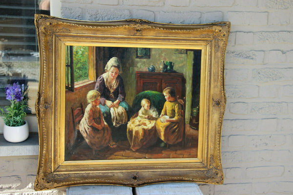 Stunning Flemish family interior oil canvas vintage painting 1970s