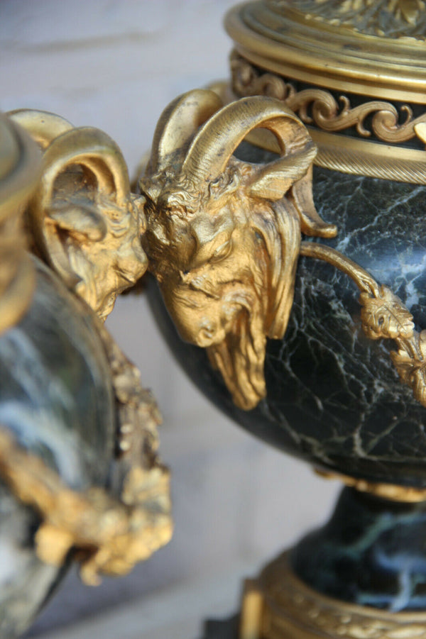 PAIR French antique empire Marble bronze ram heads louis XVI Vase Lamps rare