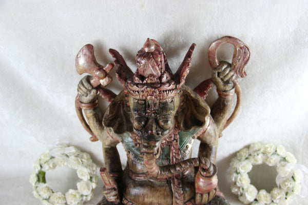 RareLarge Antique Wood carved polychrome GANESHA figurine statue god hindu