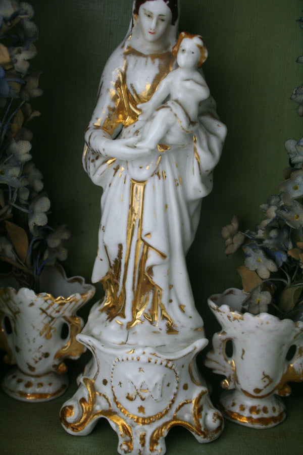 Antique 1925 old paris madonna porcelain in shrine chapel matching vases silk fl