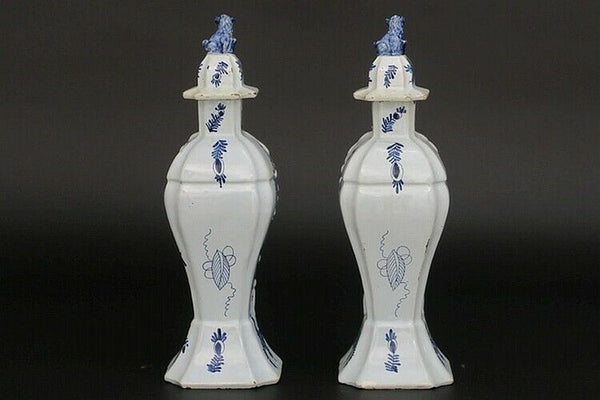 PAIR 18thc antique DELFT pottery chinoiserie foo dog lid vases marked