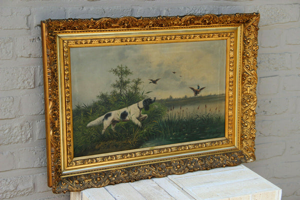 Antique French 1912 Oil Canvas painting hunting dogs field signed
