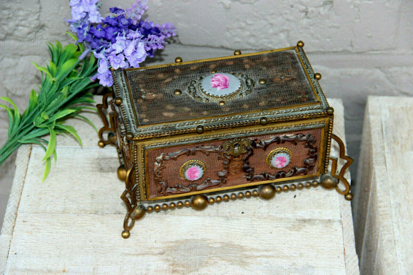 Vintage French Wood carved brass box knight medaillons plaques