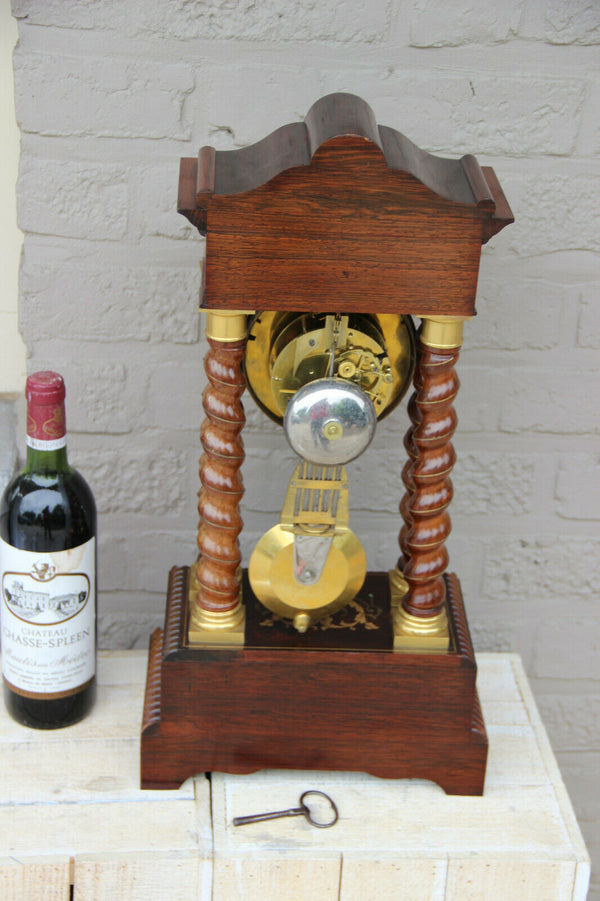Antique French portico NAPOLEON III mantel clock inlaid barley twist column