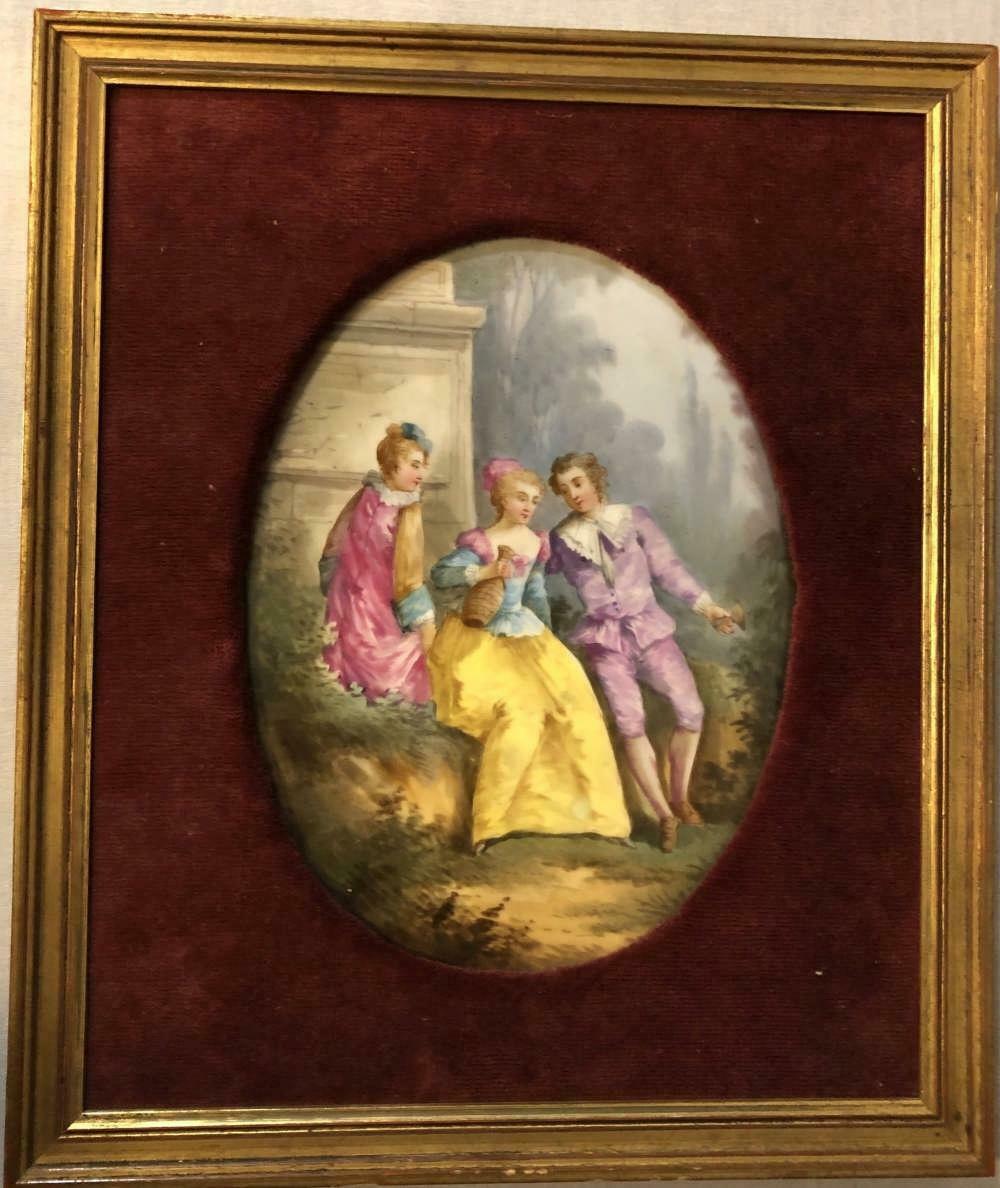 Antique French Limoges hand paint porcelain plaque medaillon in frame velvet