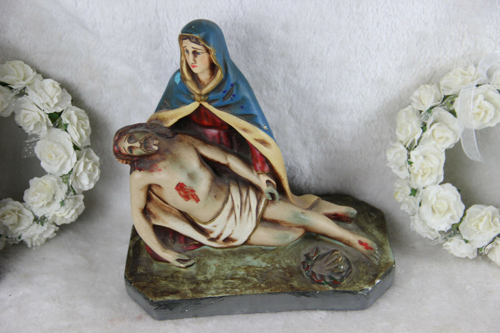 Antique Chalkware polychrome PIETA jesus christ statue religious group