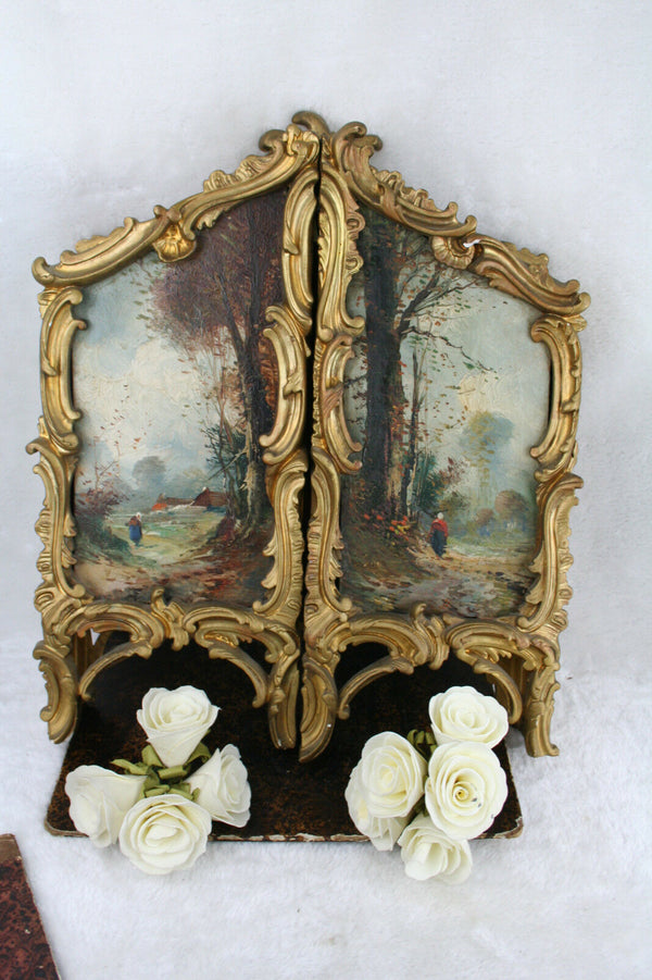 Unusual Tryptich Oil panel painting Dutch School signed louis XVI frame 1920