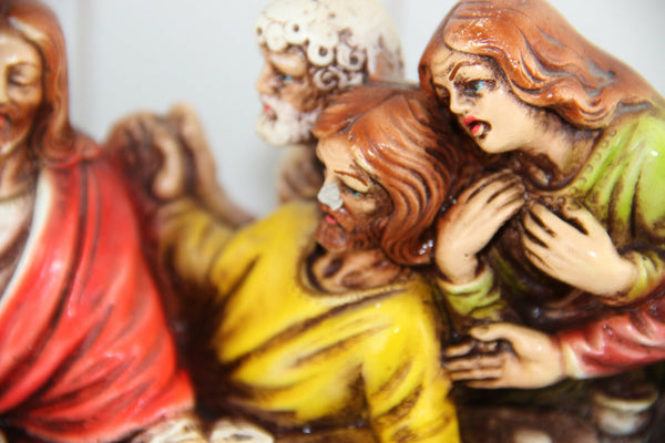 XL French Chalkware Polychrome LAST supper Jesus religious statue sculpture 1900