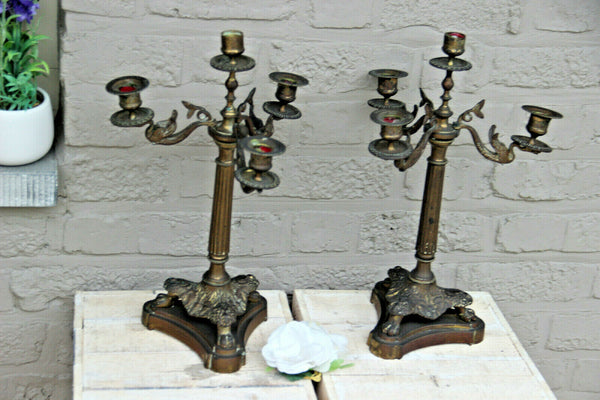 Gorgeous French pair bronze candle holders empire swan arms lion paws