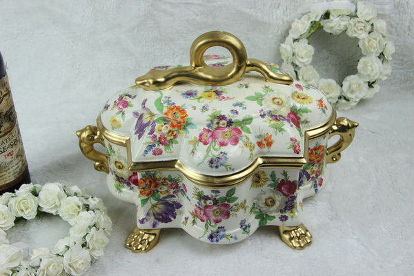 XL Antique belgian BOCH KEralux porcelain Bonbonniere box snake lion paws